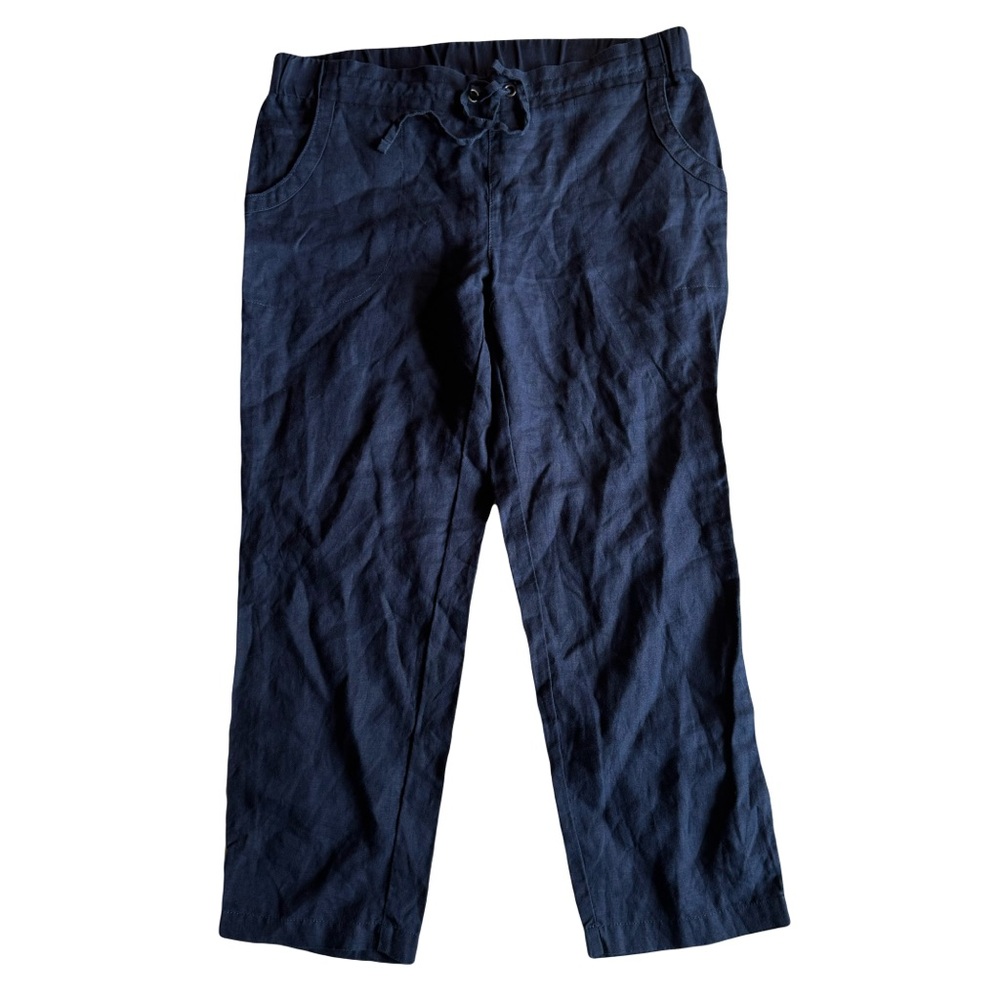Athleta Wide Leg 100% Linen Pull-On Ankle Pants, Drawstring, Navy, Size 14